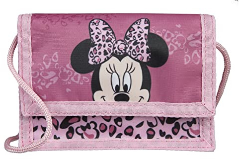 Kinder Geldbeutel Mädchen Disney Minnie Mouse zum Umhängen mit Klettverschluss | Portemonnaie Kinder-Geldbörse mit Sichtfenster für Busausweis Fahrkarte