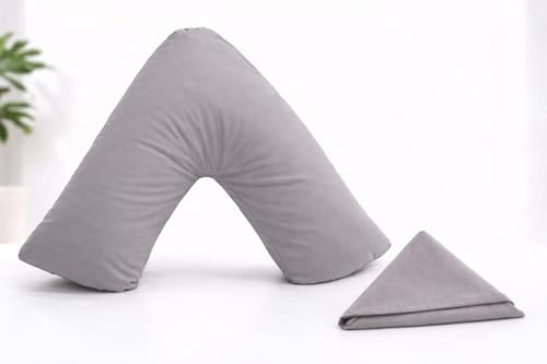 Orthopaedic V Pillow with Free Pillowcase - Pregnancy & Maternity Support, V Shaped Triangle for Neck, Back & Shoulder Comfort, Hollow Fibre Filling with Polycotton Cover,74x34cm, Grey- CHILIMILI