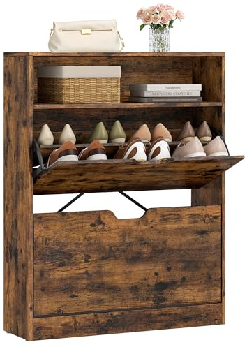 VASAGLE Shoe Cabinet 2 Flip Doors, 3 Tier Shoe Rack, with 1 Open Compartment, Adjustable and Removable Divider, for 11-16 Pairs Shoes, for Narrow Entrance, 24 x 80 x 102 cm, Rustic Brown LBC048B01