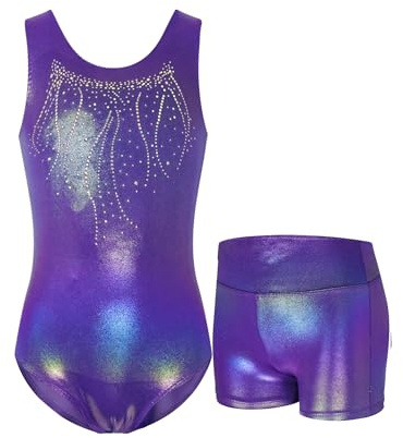 Nokecina Leotard for Girls Gymnastics Purple Diamond Workout Bodysuits Size 7-8 Years Shiny Practice Outfits with Shorts Set