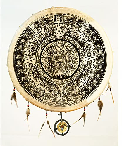 Terré Schamanentrommel 50cm Maya Style - spirituelles Siebdruckmotiv auf Ziegenhaut plus Federnschmuck zur Verzierung und Schlägel