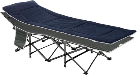 Outsunny Lit de Camp Pliable avec Matelas, Appui-tête, Pochette latérale et Sac intégré, transat Chaise Longue en métal et Tissu Oxford, 188 x 64,5 x 53 cm, Charge 150 kg, Gris Bleu