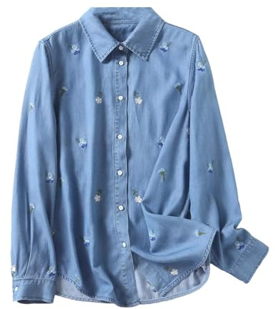UIOKLMJH Chemise en Jean Brodée Florale pour Femmes Chemisiers Décontractés en Denim Doux À Simple Boutonnage Sky Blue L