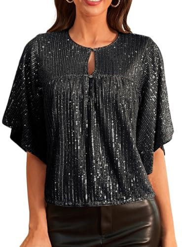 GRACE KARIN Women's Sequin Top Round Neck Long Sleeve Glitter Party Top Black 2XL