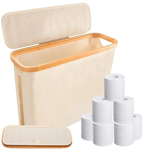 BlyeMichdi Cesta de Almacenamiento de Papel Higiénico con Tapa, 28L Cesta para Papel Higiénico para 12 Rollos, Plegable, Organizador Papel Higienico 43.5 * 14.5 * 35cm, Organizador Baño (Beige)