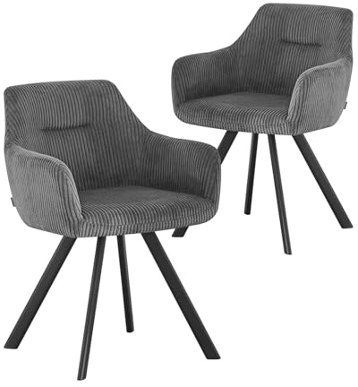 B&D home® Esszimmerstühle Cyrus 2er-Set – Polsterstuhl mit Armlehnen, Cordstoff Dunkelgrau, stabiles Metallgestell schwarz, moderner Industrial-Look für Küche, Esszimmer & Wohnzimmer