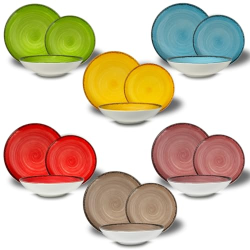 ARCA, Set 18 Piatti Coordinati Pepper in Porcellana Decorata, Servizio per 6 Persone, con Piatti Fondi, Piani e da Dessert, Moderni e Colorati, Lavabili in Lavastoviglie, Colori Assortiti