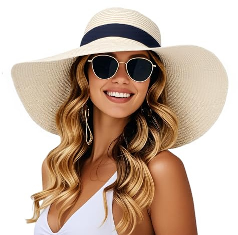 powerking Large Bordure Paille Chapeau de Soleil, Protection UV Chapeau d'été emballable Pliable Disquette Plage Chapeaux de Soleil pour Les Femmes, Beige