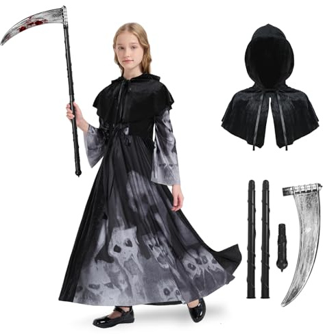 HERMORRYSS Grim Reaper Costume, Costume Halloween Morte con Falce, Morte Costume, Vestito Halloween Bambini, Ragazza Mietitrice per Halloween Carnevale Cosplay (XXL)