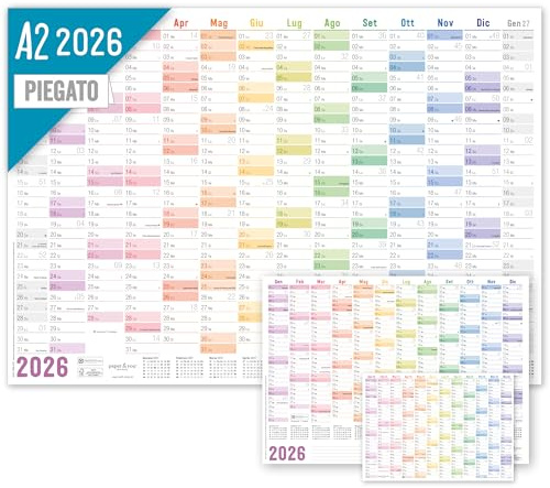 Häfft® calendario da parete 2026 A2 in italiano Arcobaleno (42 x 59,4 cm) piegato, planner con festività di Italia + pianificatore extra A3 e A4 - sostenibile e rispettoso del clima