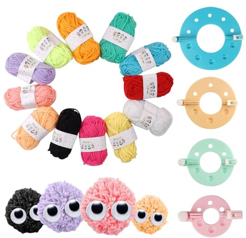4 Tailles Kit de Fabrication de Pompons (3,5/5,5/7/9 cm), L'Appareil pour Faire Des Pompons avec Fil à 12 Couleurs, Pom Pom Maker pour Loisirs Créatifs, Vêtements, Chapeaux,Bijoux et Objets Décoratifs