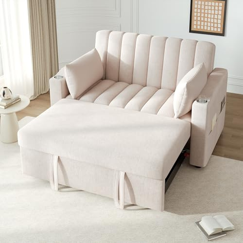 Mrwoo Sofa Cama Plegable Multifuncional de 2 Plazas, Sofá Doble Moderno con Almohada de Ángulo Ajustable, Reposabrazos con Portavasos y Bolsillo Lateral, Algodón y Lino, Color Beige