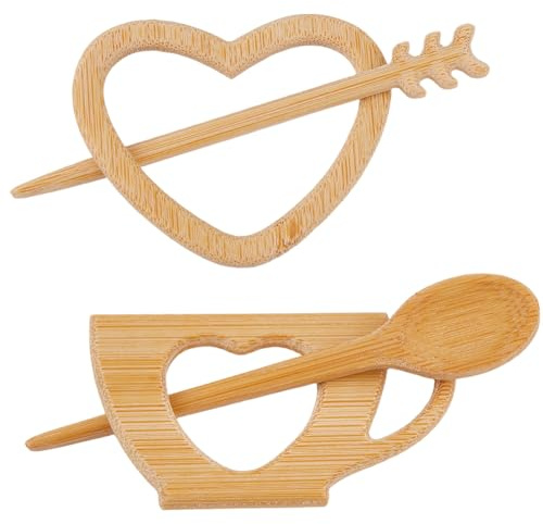 GORGECRAFT 2 Ensemble de Broches en Bois en Forme de Cœur pour Châle Style Rétro Vintage Motif Tasse Pinces à Châle Pull Badge Décoratif pour Vêtements Robes Foulards de Mode Bijoux pour Femmes Cadeau