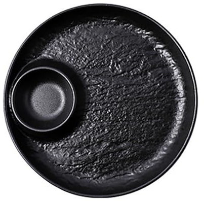 Keramisk sushitallrik med såsfack – elegant svart serveringstallrik för sushi och dumplings – perfekt för hem och kök