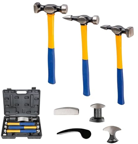 Yasta Kit Riparazione Carrozzeria Auto 7 Pezzi Set Attrezzi Professionale 3 Martelli e 4 Tassi In Acciaio Per Rimozione Ammaccature Veicoli Ripristino Lamiera Con Valigetta per Officina Fai da Te