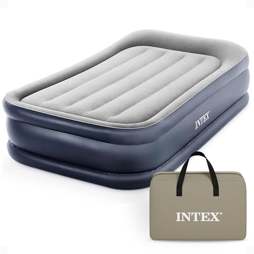 INTEX 64131ED Dura-Beam Plus Deluxe Pillow: Fiber-Tech – Twin Size – Built-in Electric Pump – 16.5in Bed Height – 300lb Weight Capacity