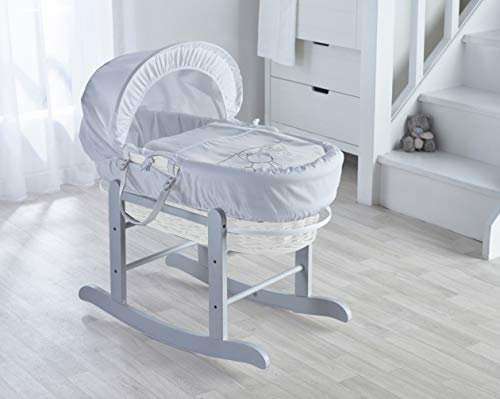 ELEGANT BABY White Teddy Wash Day White Wicker Moses Basket with Deluxe Grey Rocking Stand, Adjustable Hood, Fibre Mattress & Padded Liner