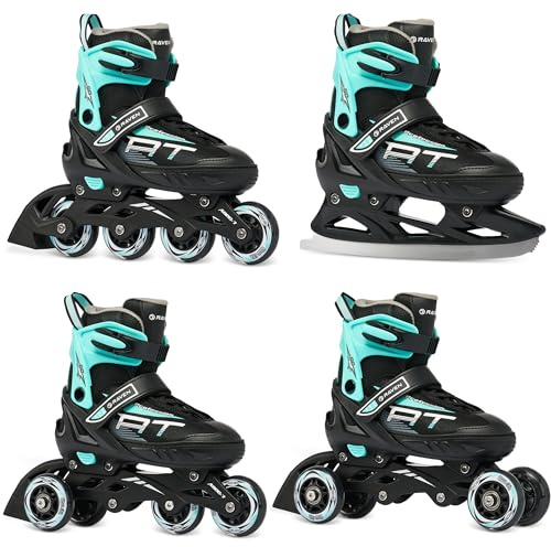 RAVEN Profession 4in1 Inline Skates Pattini in linea Triskates Pattini a rotelle/da ghiaccio per bambini e adulti regolabili (Black/Mint, 35-39 (23cm-25,5cm))