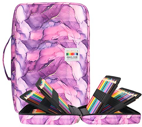 BOMKEE Estuches Gran Capacidad, 304 Ranuras Estuche de Lápices de Colores Organizador de Bolígrafos Bolsa Soporte de Lápiz para Guardar Bolígrafos de Gel, Lápices de Colores (Marble Purple, 304)