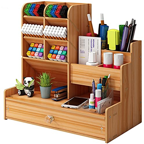 Marbrasse Wooden Desk Organiser,Pen Holer for Desk,Stationary Organiser,Desktop Storage Organizer Caddy (Cherry Wood)