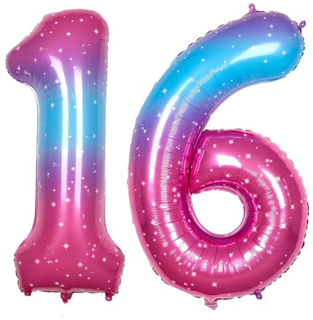 Ponmoo 40 inches Foil Balloons Numbers 16/61 Pink-Blue Gradient (101cm), Inflatable Helium or Air, Giant Balloon Number 0-9, 10-100, Grand Balloons for Anniversary Wedding Birthday Party Decoration