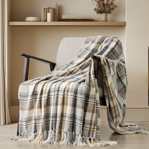 EverGrace Plaid Chenille Throw Blanket for Couch, Super Soft Cozy Decorative Farmhouse Plaid Throw with Tassels, Lightweight Chenille Knit Throw for Bed Sofa Gift Home Decor, Grey & Beige 50x60