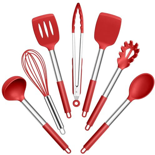 Joyfair Küchenhelfer Set, 7 Stück Kochbesteck Küchenutensilien Set, Rot Antihaft Hitzebeständiger Pfannenwender Kochutensilien zum Kochen/Backen/Flip, Leicht zu Reinigen & Spülmaschinenfest