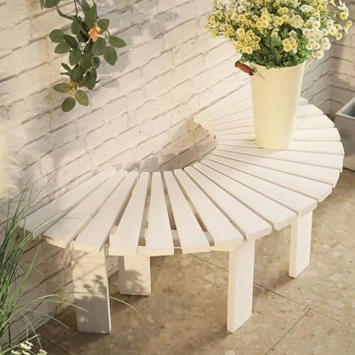 BBHW Baumbank Weiße Gebogene Bank aus Holz, Dekorativer Pflanzenständer für Den Innenbereich/Ottomane im Eingangsbereich, Halbkreisförmige Gartenbänke, Wickelsitz um Die Baumbank