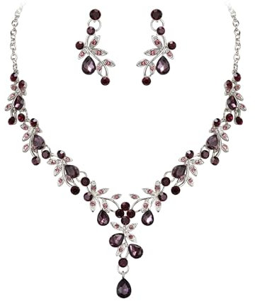 Clearine Juego de joyas de boda para mujer, collar en Y, pendientes colgantes de cristal, diseño de lágrima de hojas, flores, para novia, dama de honor, lila y tono plateado, Cristal