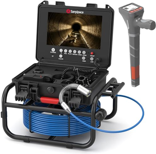 Telecamera Ispezione Tubi Sanyipace con Localizzatore a 512Hz, HD da 9 Telecamera per Fognature Autolivellante con Trasmettitore, Contatore di Distanza, Zoom 5X, Endoscopio Industriale 50M/165FT