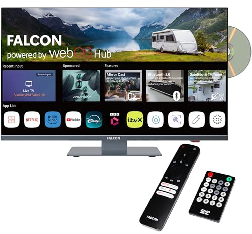 Falcon 24 inch TV WebOS SMART TV Wifi Camping – 12V/24V, Integrated DVD Player, Bluetooth 5.0, USB, Streaming, Freeview, Netflix, Prime Video, pitch perfect Television for Campervan, Motorhome IPTV