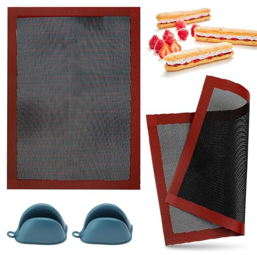 APOMOONS 2 Tappetino Forno Silicone Antiaderenti, Tappetini Microforati da Forno Riutilizzabile Antiscivolo per Sbuffi, Biscotti, Pane, Pasticcini, Pizza con 2 Clip Antiscottatura per Le Mani 40x30cm