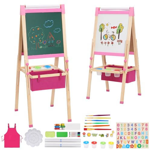 Wooden Art Easel for Kids with Paper Roll,Storage,Double Sided Height Adjustable Whiteboard & Blackboard,Children Drawing Board,Toddler Painting Set for Girls Boys(Pink)