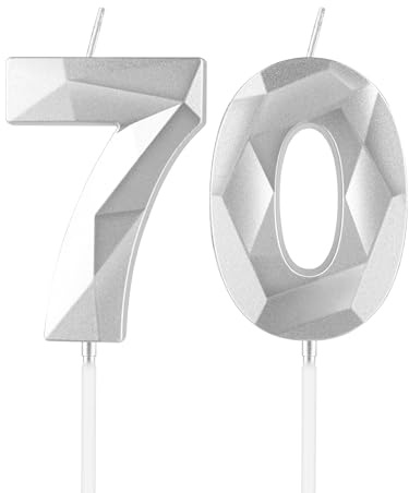 mciskin Silver 70th Birthday Candles, 70th Birthday Decorations for Women Men,3D Number 70 Candles for Cake,Silver Candle Cake Topper Decorations for Birthday Party Weddings Anniversary Supplies