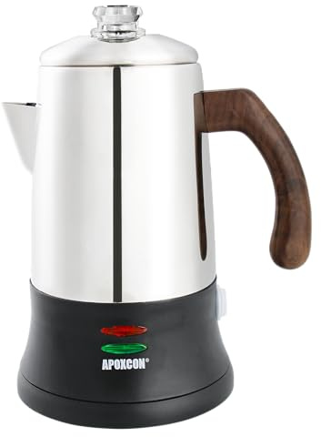 APOXCON Electric Coffee Percolator, Stainless Steel coffee maker with Heat-Resistant Glass Knob, Walnut Handle Coffee Machine with Cordless Serve (6 cups)