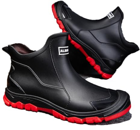 FREECOZYER Mens Wellington Waterproof Rain Boots Outdoor Garden Short Ankle Wellies Chelsea Booties Rain Shoes for Adults(Black-Red,UK 10)