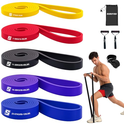SURFOU Elastici Fitness Set con 5 Livelli di Resistenza, Bande Elastiche con Gancio alla Porta, 2 Maniglie, Guida agli Esercizi e Borsa per il Trasporto, per Allenamento, Stretching, Pilates