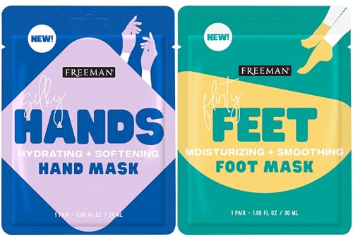 Freeman Flirty Feet Foot Mask & Silky Hands Hand Mask Set – Moisturizing Socks with Coconut Oil & Mint Extract + Hydrating Gloves with Coconut Oil & Rose Extract