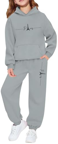 Generisch Chándal de forro polar para niña, suéter cálido de invierno con capucha y pantalones, traje informal para niños, bonito juego de dos piezas para correr, gris, 12-13 años