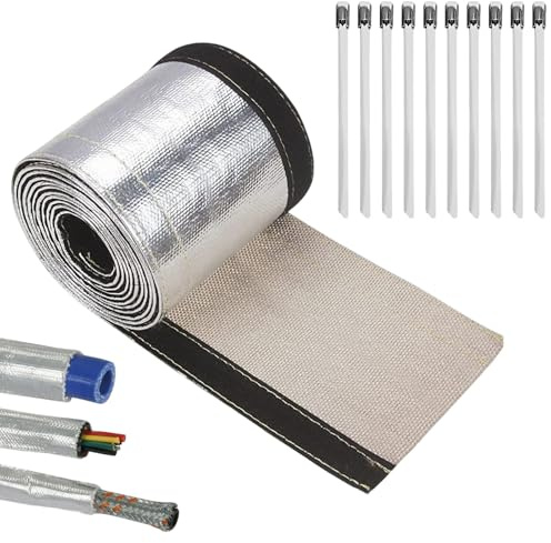 XSHAO® 2 Meter Hitzeschutz Schlauch, Alu-Titan Hitzeschutzschlauch mit Klettverschluss und Edelstahlbändern für Kabel, Kraftstoffleitungen und Schläuche (15mm)