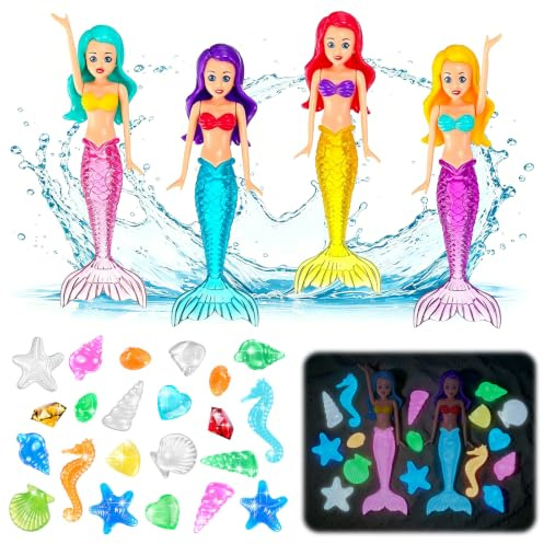 Fantasyon Giocattoli subacquei per bambini, 24 pezzi, gioiello da immersione, giocattolo per piscina con 4 giocattoli acquatici a sirena, ABS colorato per vasca da bagno e allenamento subacqueo