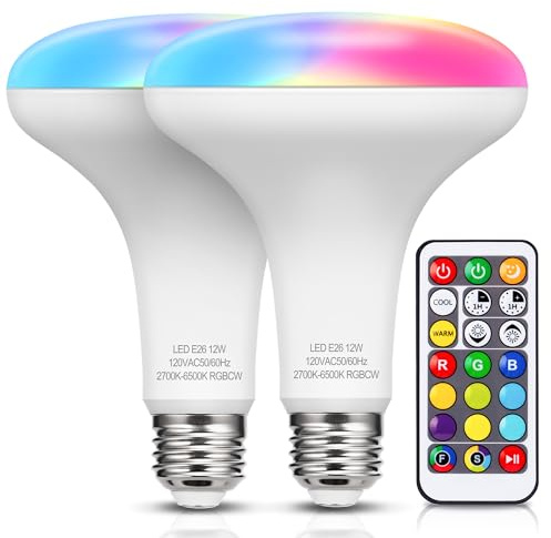JandCase BR30 Color Changing Light Bulb, RGB+Warm+Cool White LED Flood Lights, 12W(100W Equivalent), 1050lm, Remote Control, Dimmable Multi-color Can Light Bulbs for Ceiling, E26 Base, 2 Pack