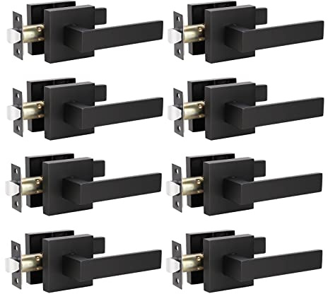 KNOBWELL 8 Pack Modern Square Passage Door Lever, Interior Lever Door Handles, for Both Right/Left Handing, Matte Black Finish (No Lock/Key)