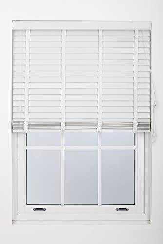 FURNISHED Blinds Window Venetian Made to Measure 50mm White Faux Wood Blind, 60W x 150H cm