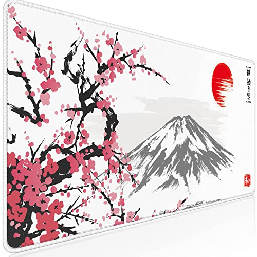 Owege Gaming musmatta Sakura vit XXL 900 x 400 mm premium Japan Fuji-musmatta stora sydda kanter vattentät halkfri för PC, MacBook, bärbar dator