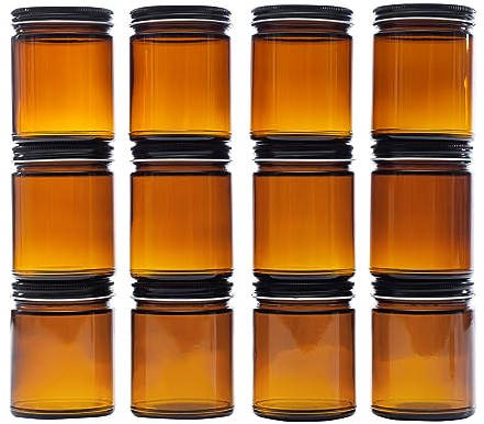 North Mountain Supply 9 Ounce Amber Glass Straight Sided Mason Canning Jars - with 70mm Black Metal Lids - Case of 12