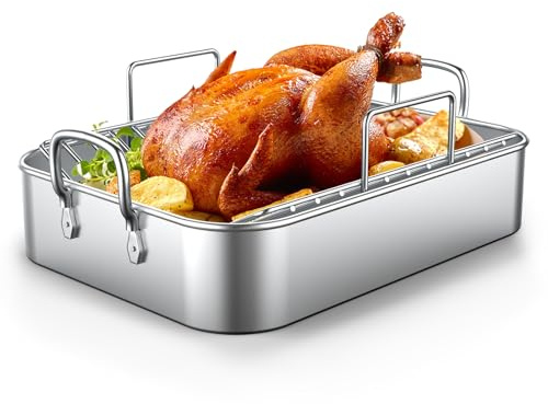 EWFEN Roasting Pan,17*13'' Stainless Steel Turkey Roaster with Rack - Deep Broiling Pan & V-shaped Rack & Flat Rack,Non-toxic & Heavy Duty,Great for Thanksgiving Christmas Roast Chicken Meat Lasagna