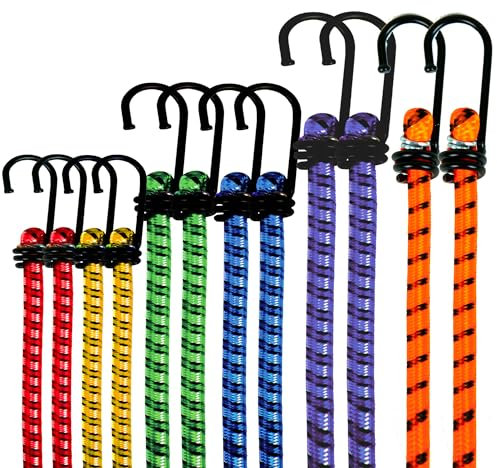 ZENO Bungee Cords With Hooks 12 PCS | Bungee Straps | Heavy Duty Bungee Cord | Weatherproof & UV-Resistant Elastic Bungee Straps | Double Braided Bungee Cords for Securing Tarp, Luggage, Tents, Bikes
