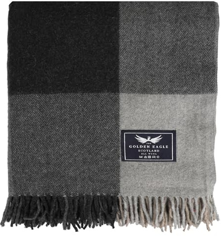 The Golden Eagle Scottish Tweed Wool Large Blanket Tartan Rug with Check Pattern for Warm Winter (Herringbone Tweed Check Grey/Charcoal)
