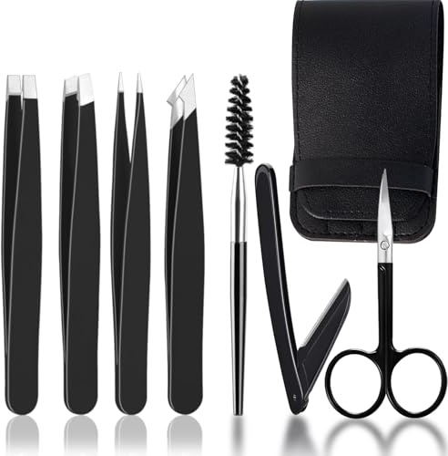WUBAYI 7PCS Eyebrow Tweezers Set for Facial Hair Women, Stainless Steel Eyebrow Tweezers Kit for Women and Men, Tweezer Set for Splinter, Facial Hair Removal, Ingrown Hairs